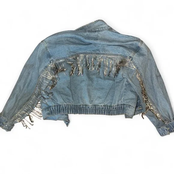 Free People Light Blue Denim Jacket with Chain Fringe - Picture 2 of 2